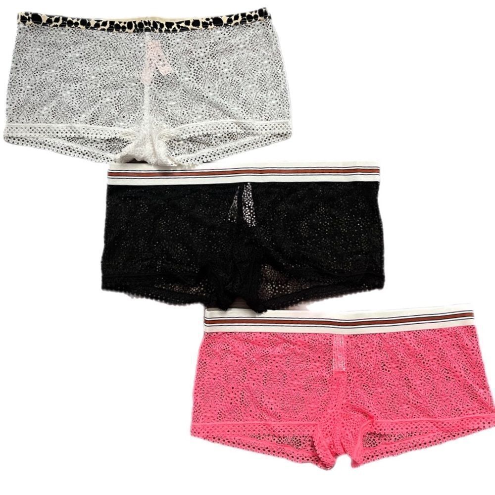 Victorias Secret Set of 3 Sheer mesh  lace shortie boy shorts Black Coral white